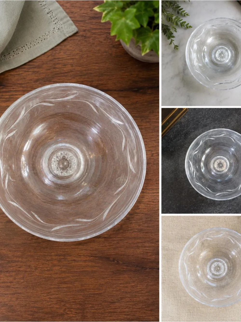 Vintage Clear Etched Crystal Wine Goblets Set of 8 Diamond Stem Scroll Pattern